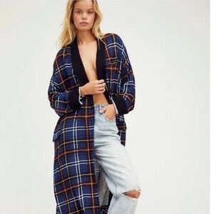 Free People Womens Plaid Duster Cardigan Longline Smocked Grunge Size S Boho